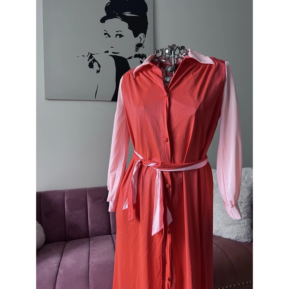 Vintage‎ 60s 70s Hippie Boho Long Sleeve Maxi Dress Red Pink Floral Embroidered